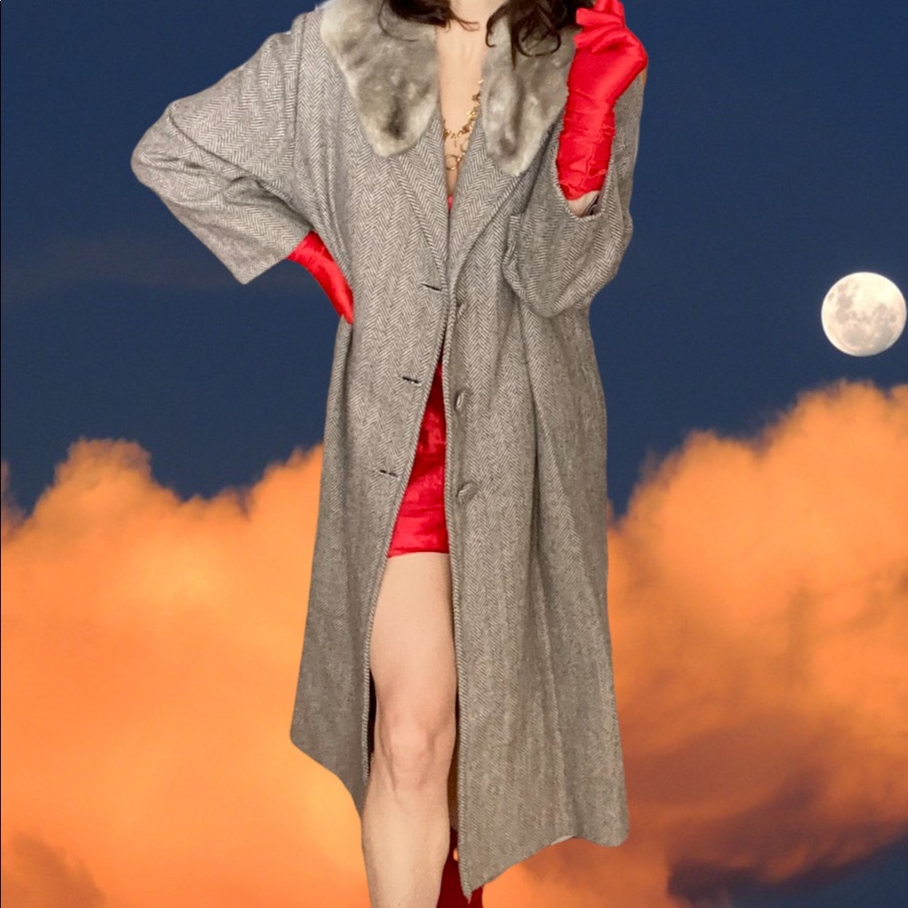 💥Amazing 80s/90s Gangster Herringbone Wool Fur Collar Mob Wife Aesthetic Coat